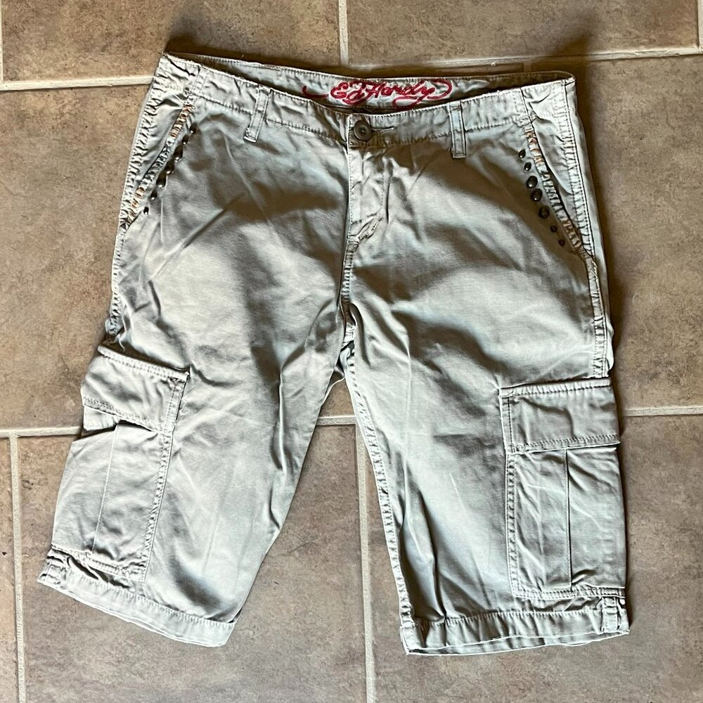 Ed Hardy Tan Woven Cotton Cargo Studded Embroidered Shorts Large